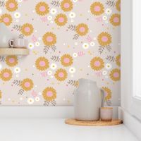 Boho sunflower with daisies leaves and stars faded brown golden yellow blush pink white on beige