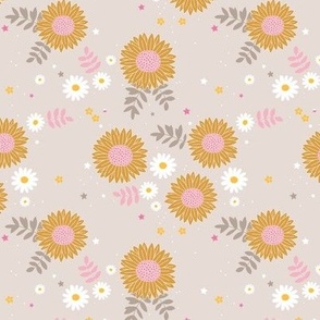 Boho sunflower with daisies leaves and stars faded brown golden yellow blush pink white on beige