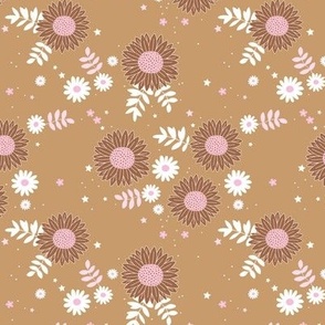 Boho sunflower with daisies leaves and stars white pink brown on caramel