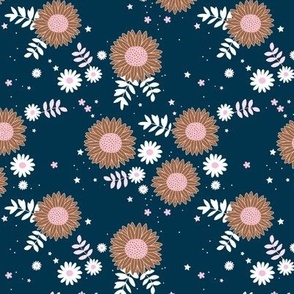 Boho sunflower with daisies leaves and stars brown blush pink white on navy blue