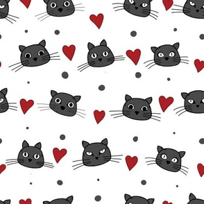 Cute cat faces, hearts and dots pattern