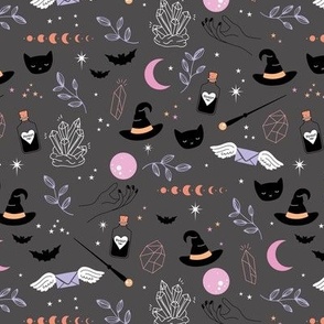 Halloween witchcraft wizard - bats black cats and magic poison and crystals pink orange on charcoal