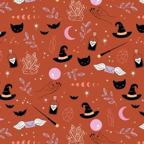 Halloween witchcraft wizard - bats black cats and magic poison and crystals pink orange on vintage red