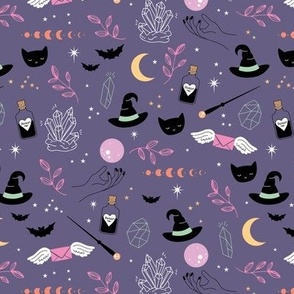 Halloween witchcraft wizard - bats black cats and magic poison and crystals pink orange on purple