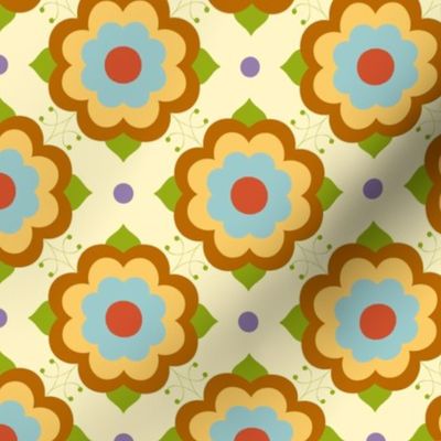 70s Retro Simple Flower Power in Blue, Yellow, Brown and Green on Pale Yellow background