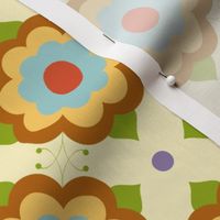 70s Retro Simple Flower Power in Blue, Yellow, Brown and Green on Pale Yellow background