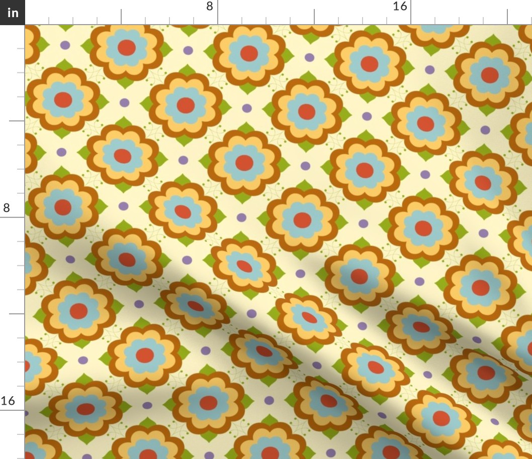 70s Retro Simple Flower Power in Blue, Yellow, Brown and Green on Pale Yellow background