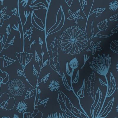 Romantic hand drawn blue flowers - dark background