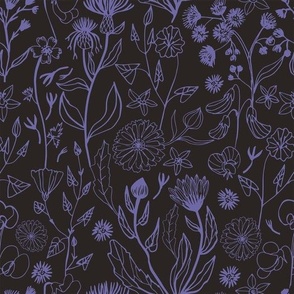 Romantic hand drawn violet flowers - dark background