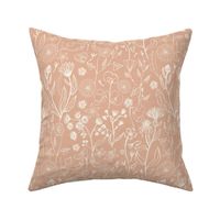 Romantic hand drawn white flowers - pastel brown background