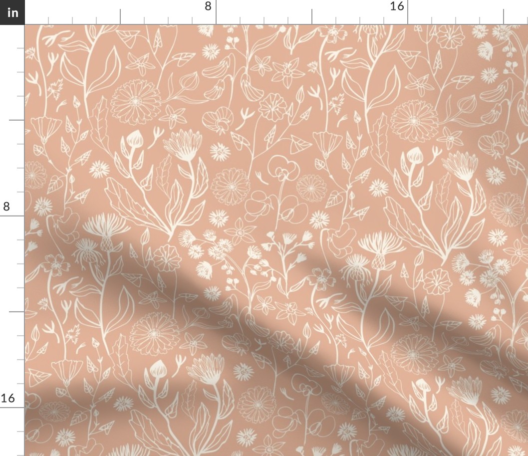 Romantic hand drawn white flowers - pastel brown background