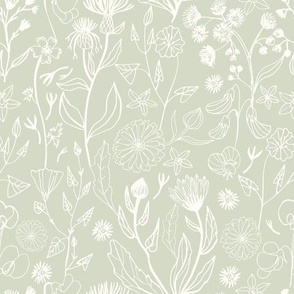 Romantic hand drawn white flowers - pastel green background