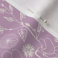 Romantic hand drawn white flowers - pastel violet background