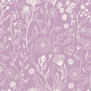 Romantic hand drawn white flowers - pastel violet background
