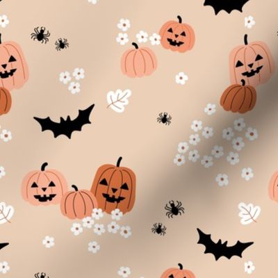 Happy halloween pumpkins bats and spiders with boho blossom vintage daisies neutral blush tan orange