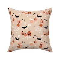 Happy halloween pumpkins bats and spiders with boho blossom vintage daisies neutral blush tan orange