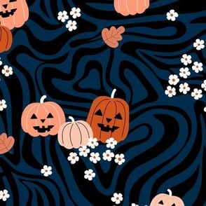 Groovy psychedelic twirl - seventies retro pumpkins bats flowers and spiders kids halloween design orange blush on navy