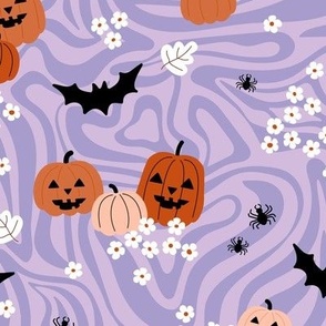 Groovy psychedelic twirl - seventies retro pumpkins bats flowers and spiders kids halloween design orange lilac vintage