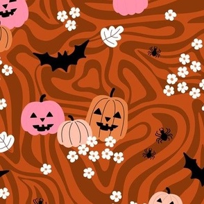 Groovy psychedelic twirl - seventies retro pumpkins bats flowers and spiders kids halloween design rust burnt orange pink