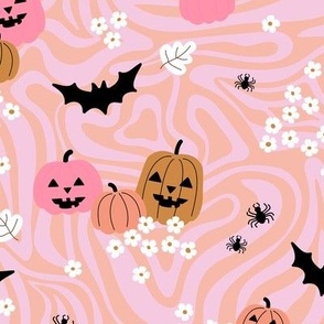 Groovy psychedelic twirl - seventies retro pumpkins bats flowers and spiders kids halloween design orange pink beige pastel girls