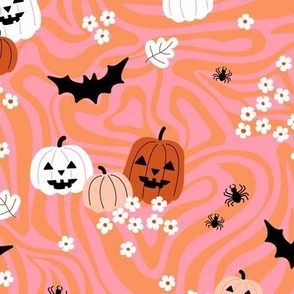 Groovy psychedelic twirl - seventies retro pumpkins bats flowers and spiders kids halloween design orange pink