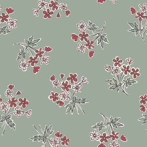 Vintage, floral, boho, red, sage green 