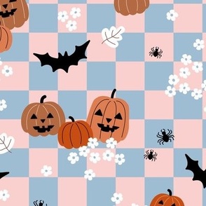 Halloween floral daisies and pumpkins bats and spiders on checker gingham kids kawaii blue blush orange retro nineties palette
