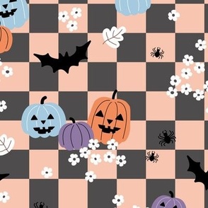 Halloween floral daisies and pumpkins bats and spiders on checker gingham kids kawaii lilac blue orange blush charcoal retro nineties palette