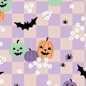 Halloween floral daisies and pumpkins bats and spiders on checker gingham kids kawaii lilac blush mint orange retro nineties palette