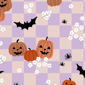 Halloween floral daisies and pumpkins bats and spiders on checker gingham kids kawaii lilac beige orange 