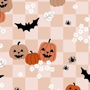 Halloween floral daisies and pumpkins bats and spiders on checker gingham kids kawaii neutral orange tan beige retro seventies vibes 