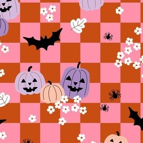 Halloween floral daisies and pumpkins bats and spiders on checker gingham  orange lilac pink sienna retro seventies vibes 