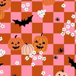 Halloween floral daisies and pumpkins bats and spiders on checker gingham  orange pink sienna retro seventies vibes 