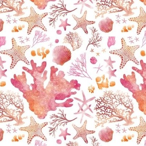 Coral, Starfish and Shells in Watercolor