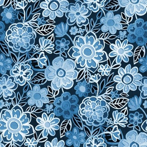 Navy Blue and White Monochrome Textured Floral - large