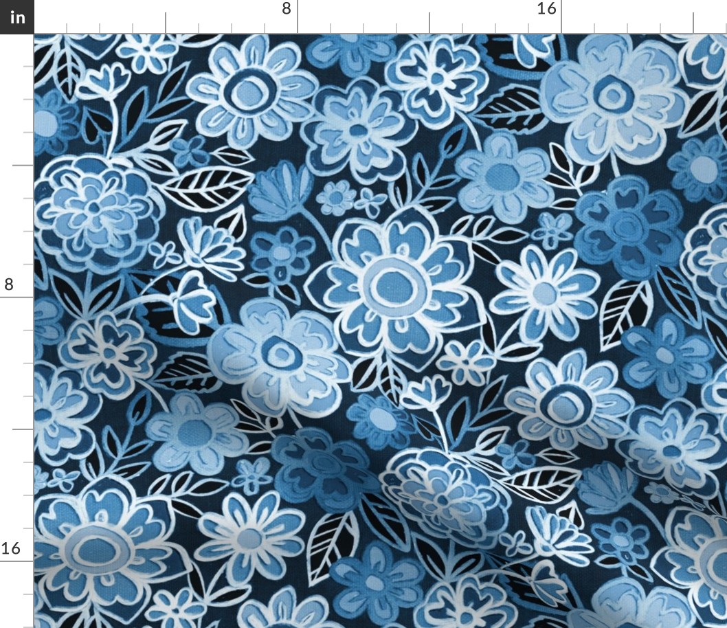 Navy Blue and White Monochrome Textured Floral - large