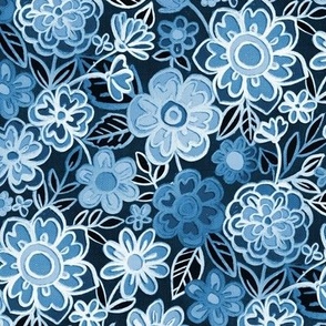 Navy Blue and White Monochrome Textured Floral - medium 