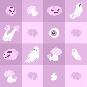 (large) Cute light purple checkered pattern for Halloween with ghosts, pumpkins, mushrooms... and an eye