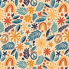 Peace, Rainbows, and Flowers - 70s retro floral - medium