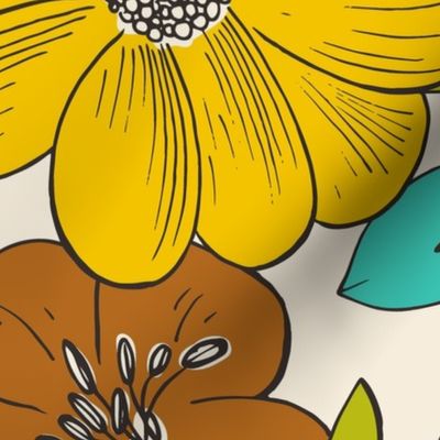 Blooming Garden - Retro Floral Yellow Aqua Ivory Jumbo Scale
