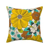 Blooming Garden - Retro Floral Yellow Aqua Ivory Large Scale