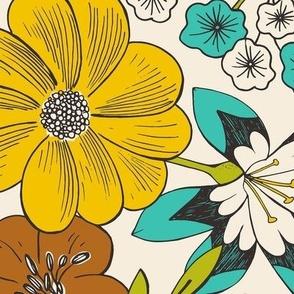 Blooming Garden - Retro Floral Yellow Aqua Ivory Large Scale