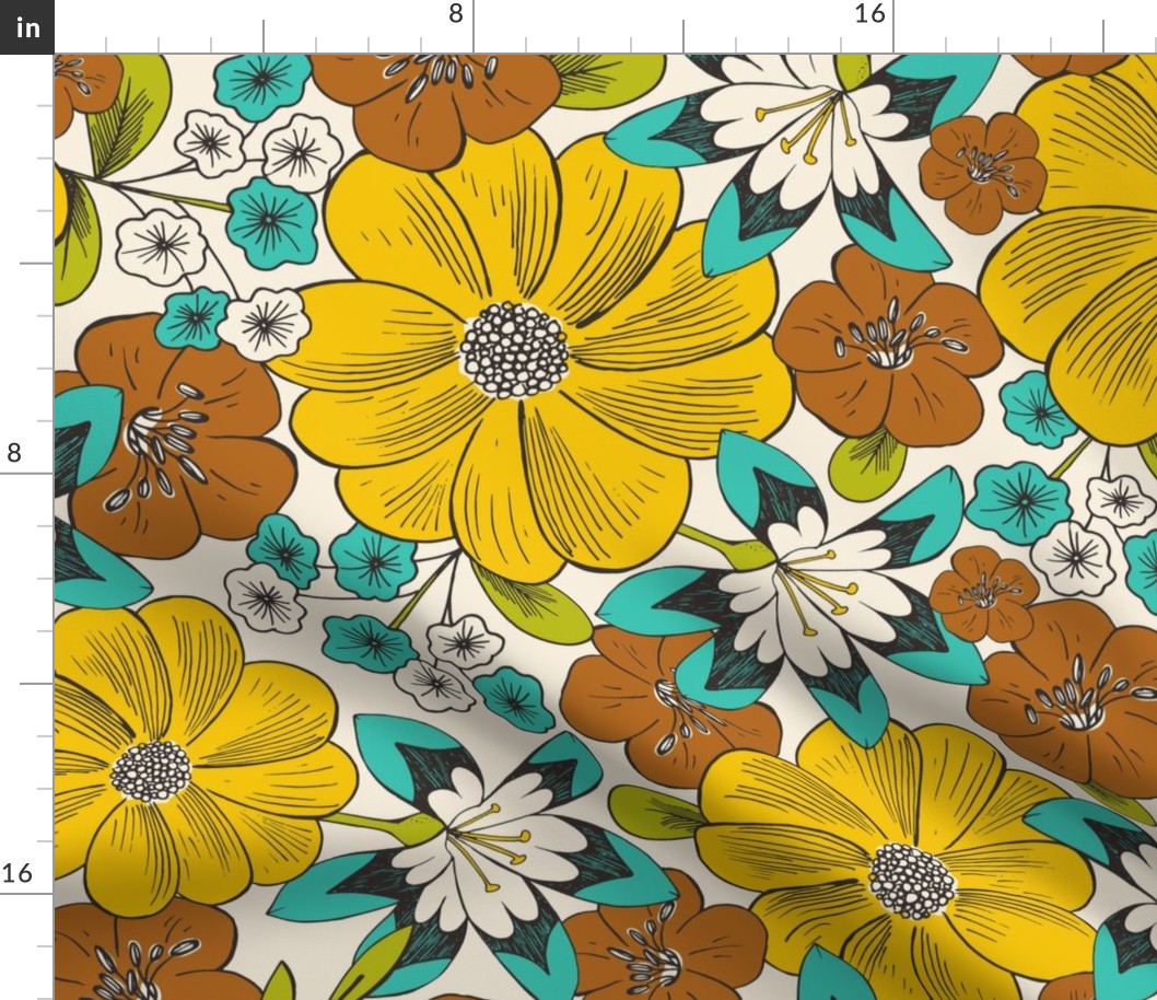 Blooming Garden - Retro Floral Yellow Aqua Ivory Large Scale
