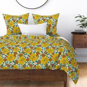 Blooming Garden - Retro Floral Yellow Aqua Ivory Medium Scale