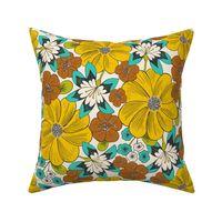 Blooming Garden - Retro Floral Yellow Aqua Ivory Medium Scale