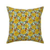 Blooming Garden - Retro Floral Yellow Aqua Ivory Small Scale