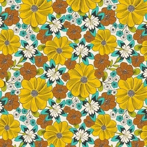 Blooming Garden - Retro Floral Yellow Aqua Ivory Small Scale