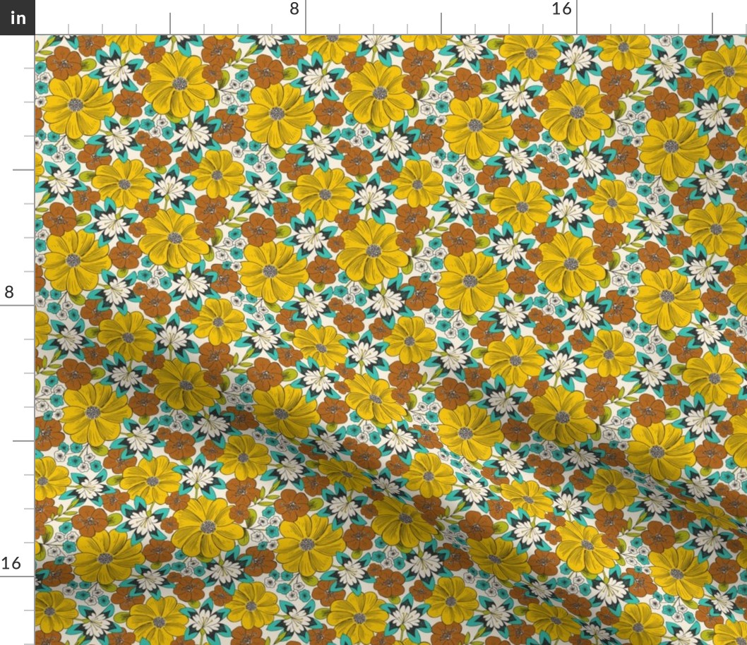 Blooming Garden - Retro Floral Yellow Aqua Ivory Small Scale