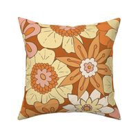 Retro Mod Flowers - Large Scale - Dark Orange Background Groovy Hippy Hippies 60s 70s