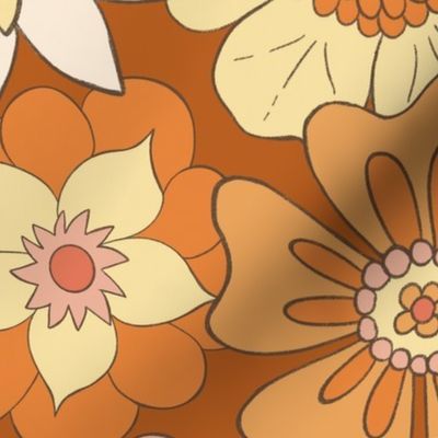 Retro Mod Flowers - Large Scale - Dark Orange Background Groovy Hippy Hippies 60s 70s